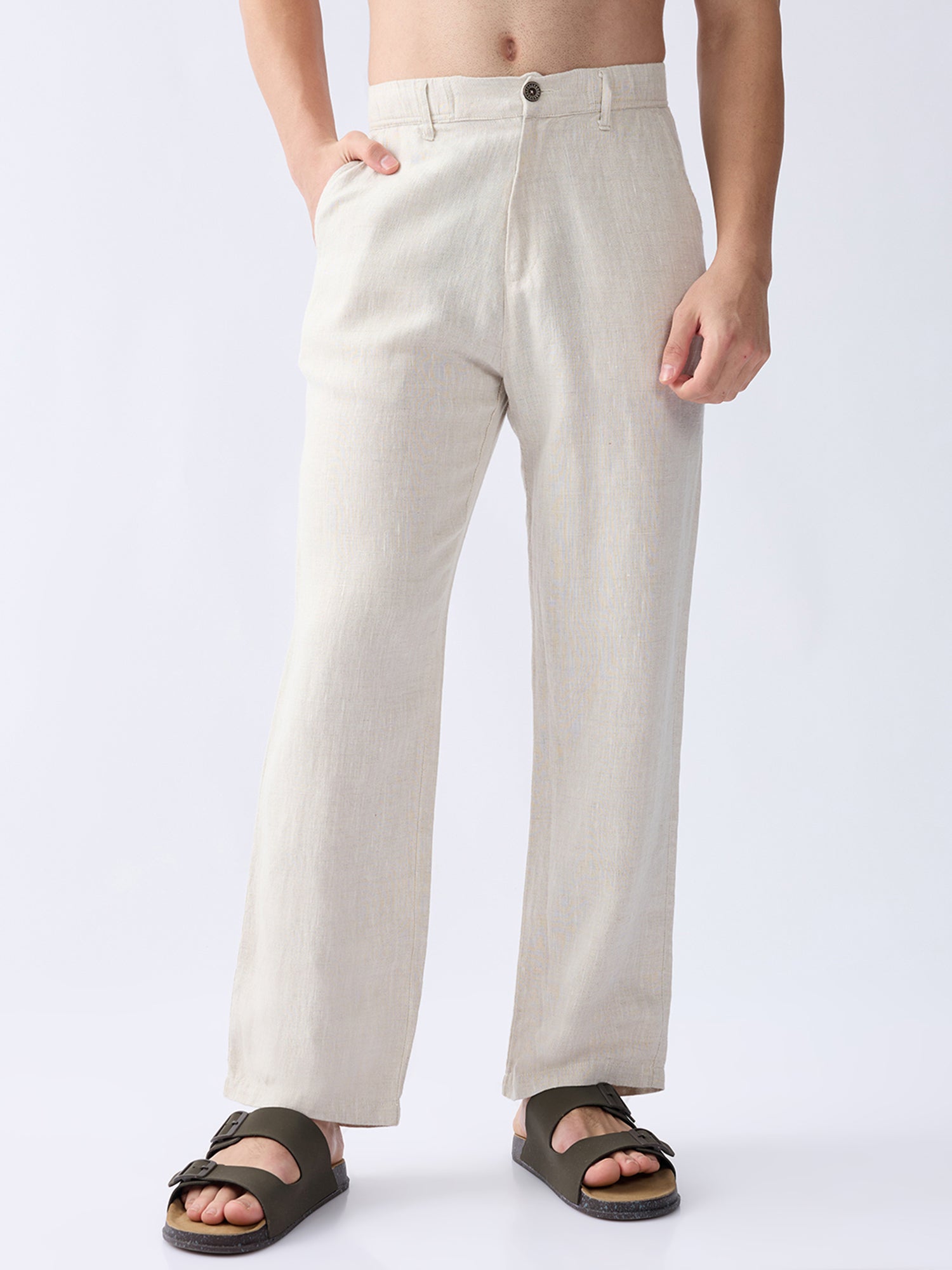 Beige 100% Pure Linen Trousers With Waistband [Custom Made]