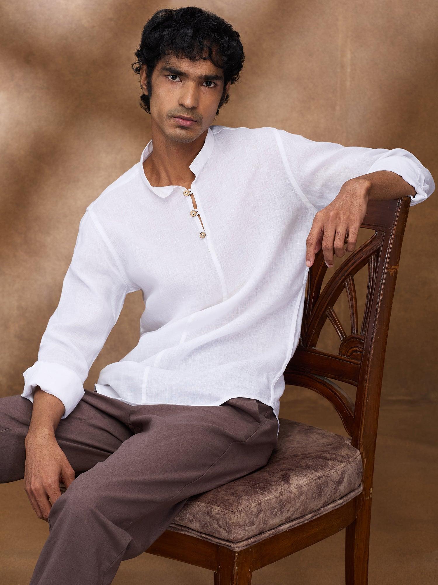 White 100% Pure Linen Short Kurta - Bhrata