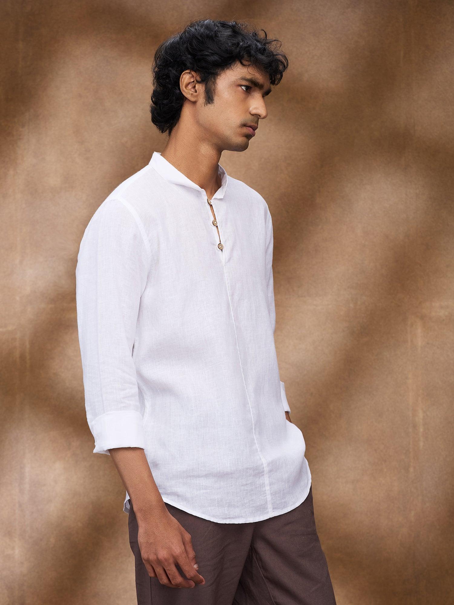 White 100% Pure Linen Short Kurta - Bhrata