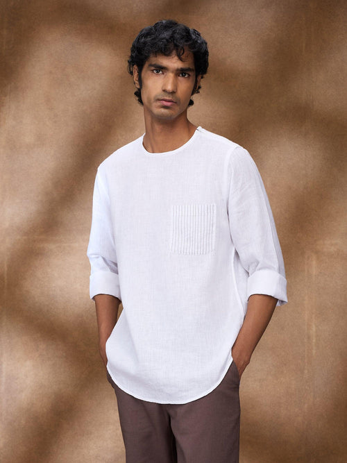 White 100% Pure Linen Zippered Kurta - Bhrata