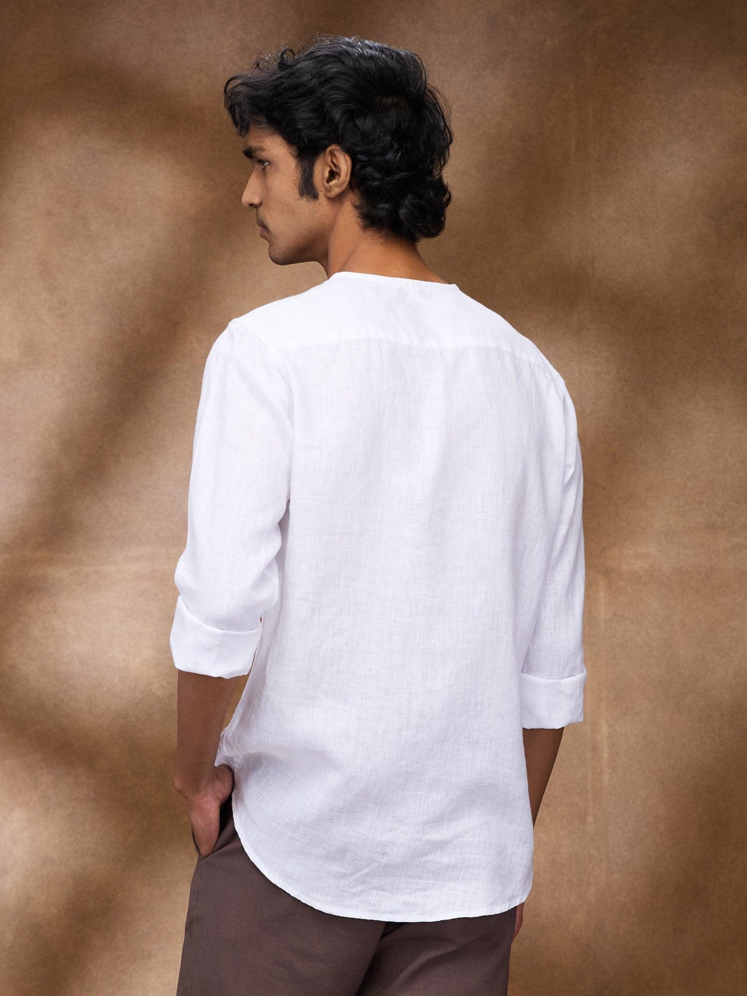 White 100% Pure Linen Zippered Kurta - Bhrata