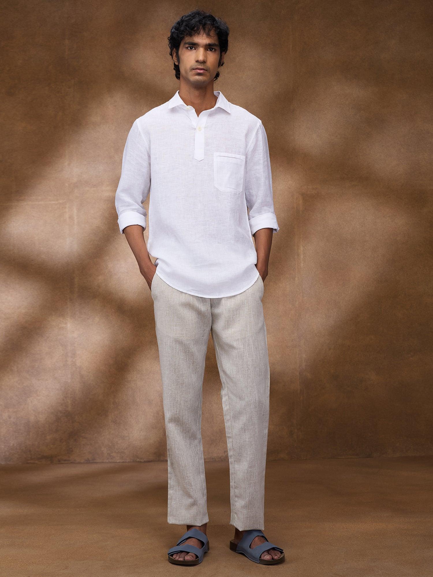 White Striped 100% Pure Linen Short Kurta - Bhrata