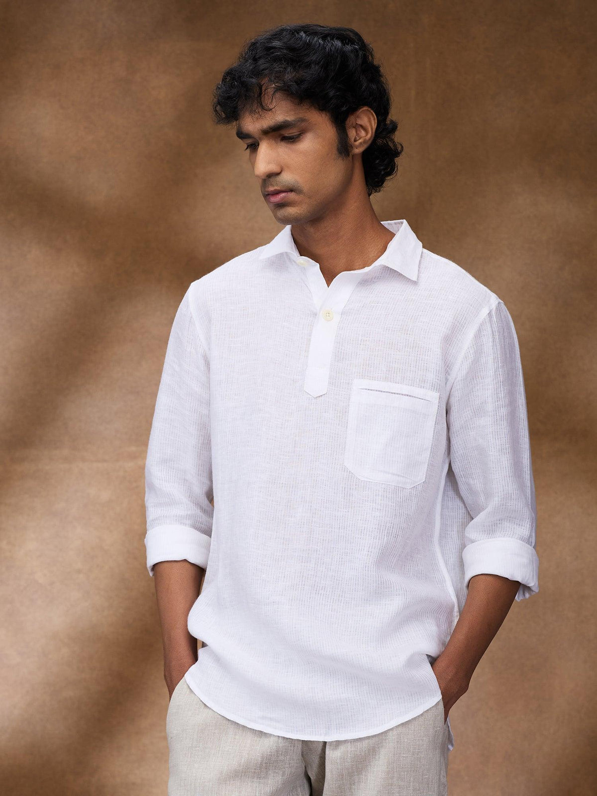 White Striped 100% Pure Linen Short Kurta - Bhrata