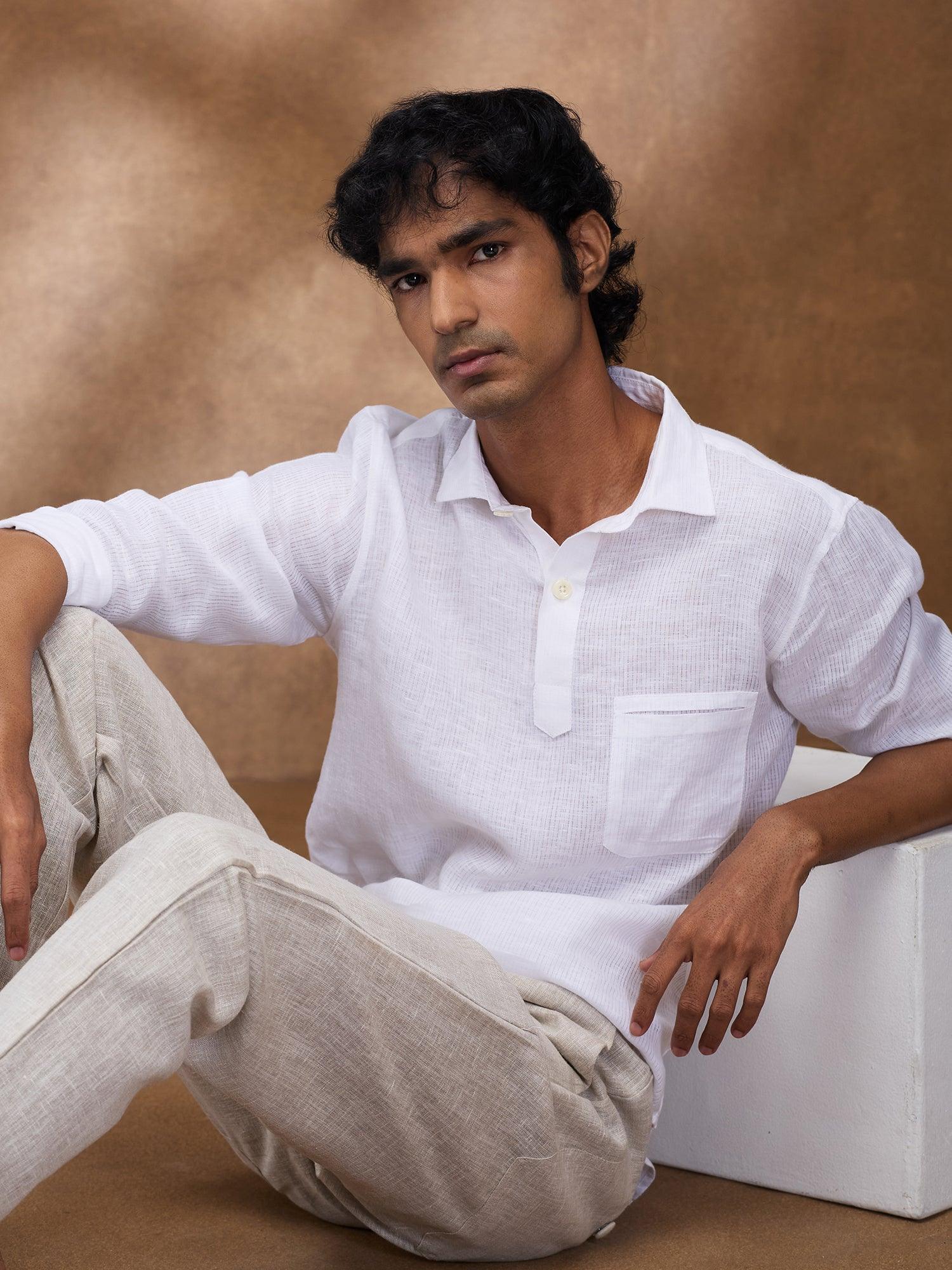 White Striped 100% Pure Linen Short Kurta - Bhrata