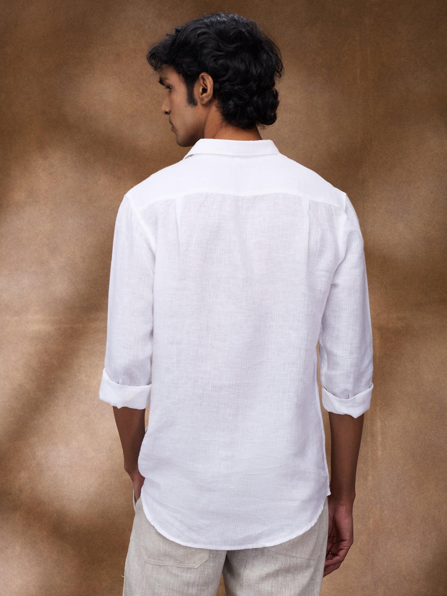 White Striped 100% Pure Linen Short Kurta - Bhrata