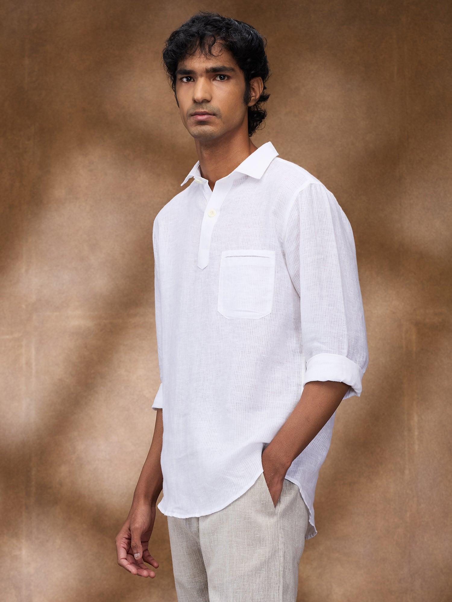 White Striped 100% Pure Linen Short Kurta - Bhrata