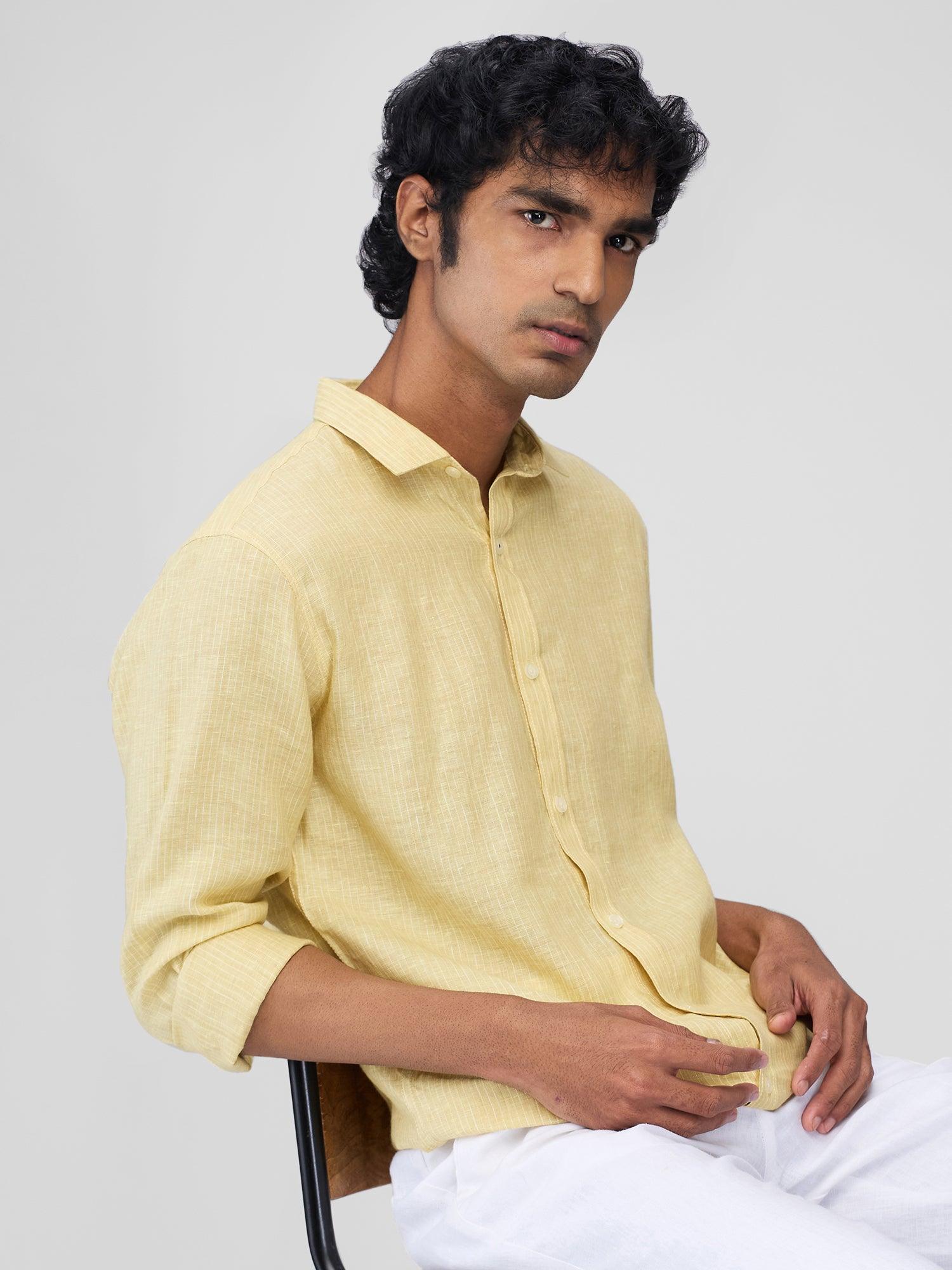 Yellow 100% Pure Linen Stripes - Bhrata