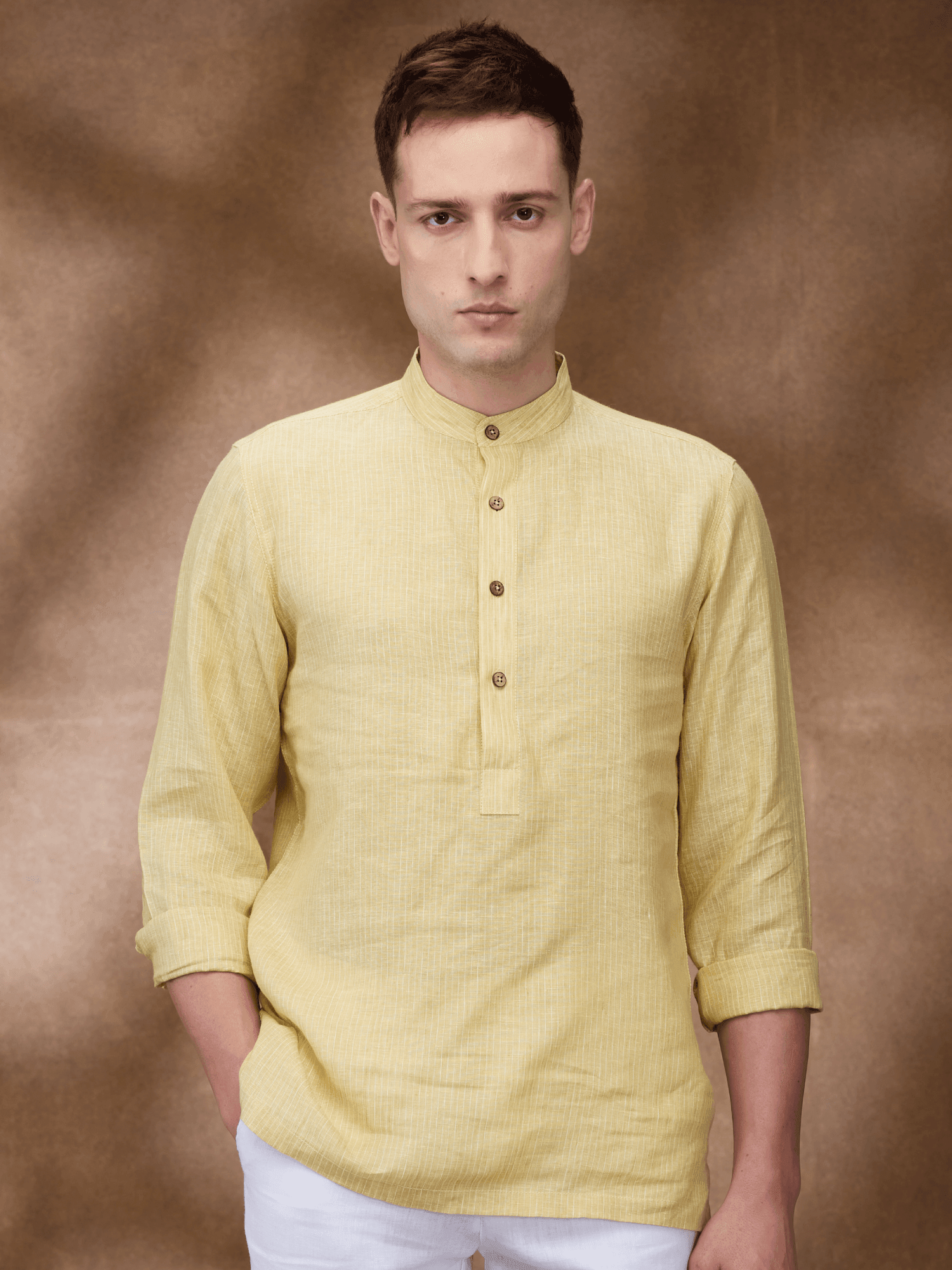 Yellow Striped 100% Pure Linen Short Kurta - Bhrata