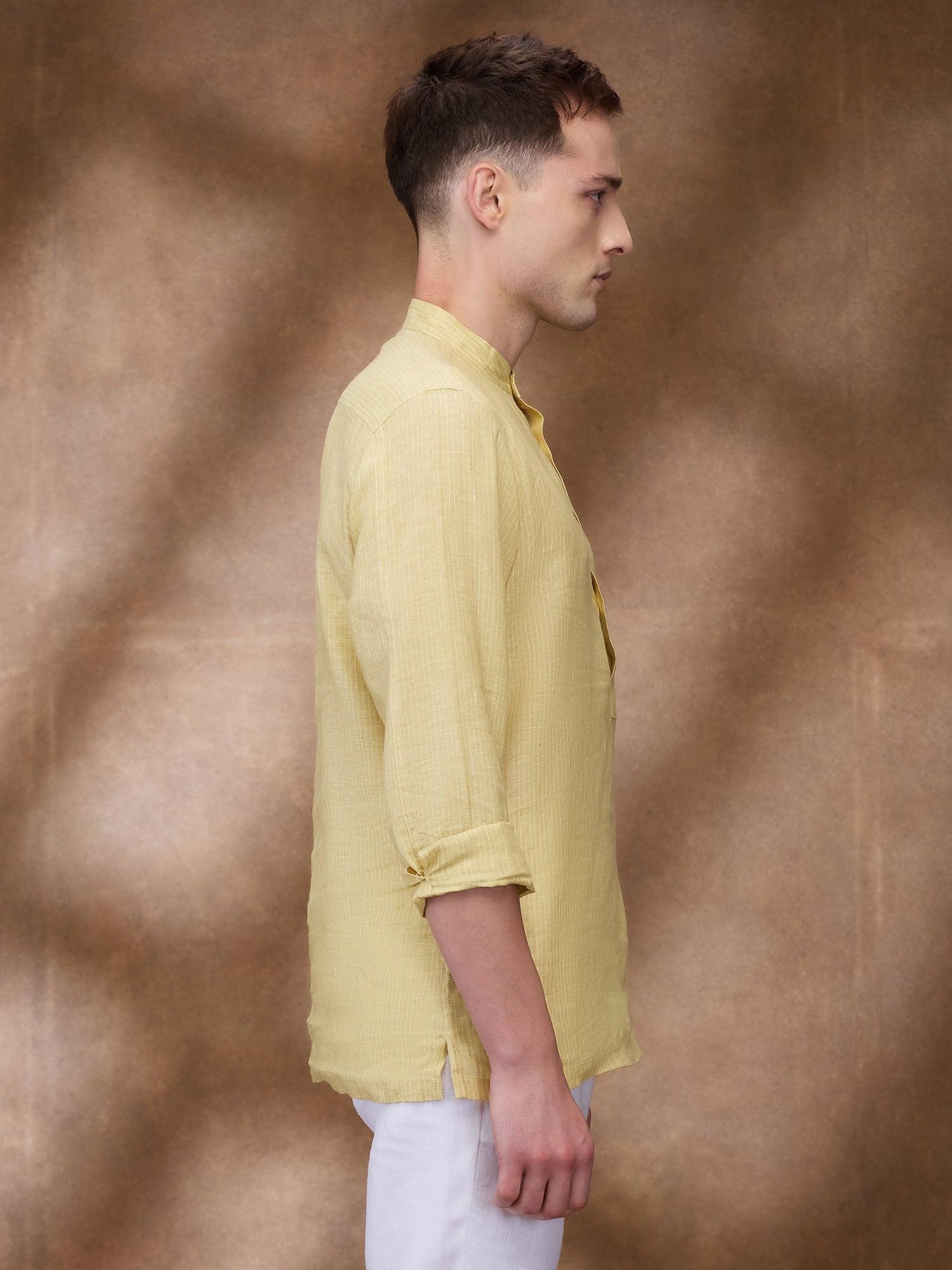 Yellow Striped 100% Pure Linen Short Kurta - Bhrata