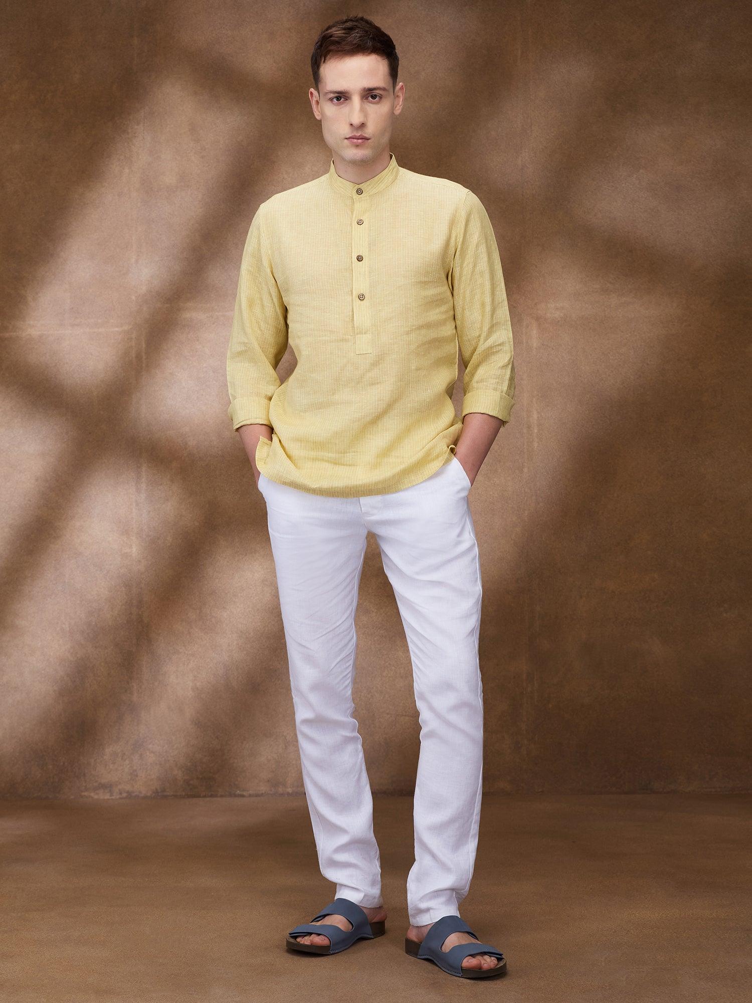 Yellow Striped 100% Pure Linen Short Kurta - Bhrata